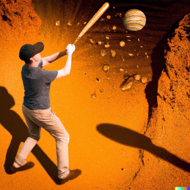 DALL-E 2: a man plays golf with a baseball bat on mars (1 of 4)