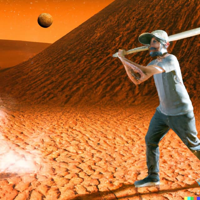 DALL-E 2: a man plays golf with a baseball bat on mars (2 of 4)