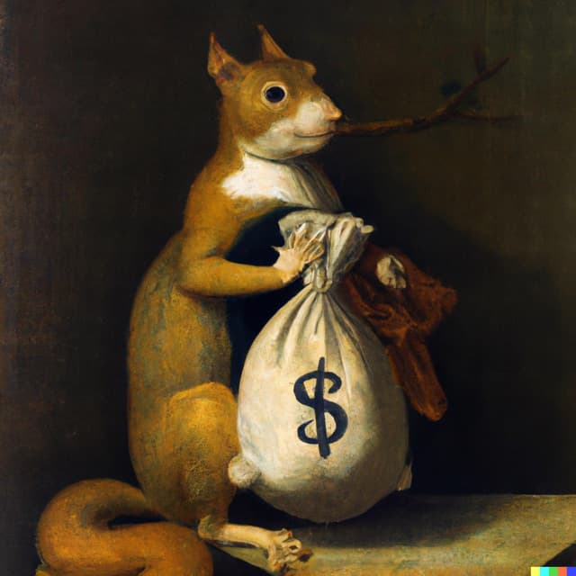 DALL-E 2: “A squirrel holding a bag of money” by Johannes Vermeer (2 of 4)