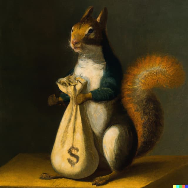 DALL-E 2: “A squirrel holding a bag of money” by Johannes Vermeer (3 of 4)
