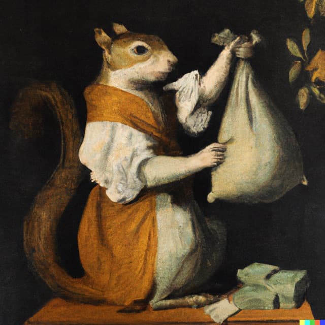 DALL-E 2: “A squirrel holding a bag of money” by Johannes Vermeer (4 of 4)