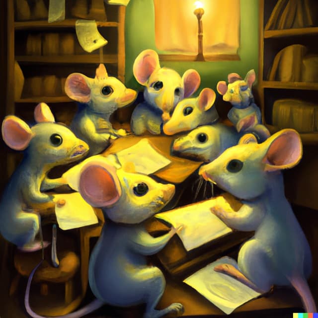 DALL-E 2: a group of mice learning economics, digital art (1 of 4)