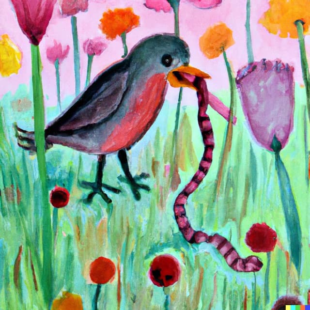 DALL-E 2: a small bird eating a sour gummy worm in a field of flowers, watercolor (1 of 4)