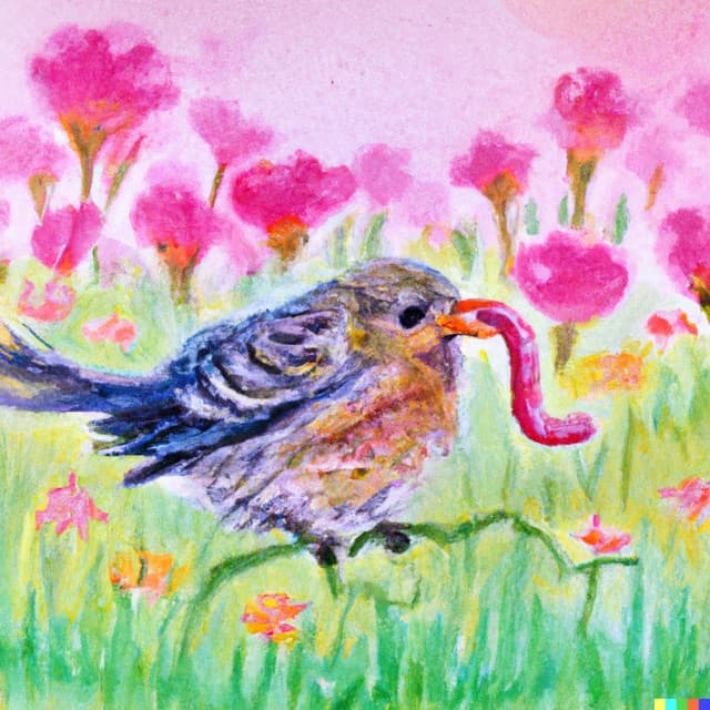 DALL-E 2: a small bird eating a sour gummy worm in a field of flowers, watercolor (2 of 4)