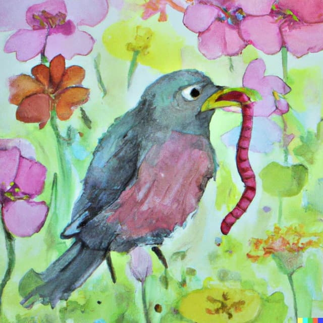 DALL-E 2: a small bird eating a sour gummy worm in a field of flowers, watercolor (3 of 4)