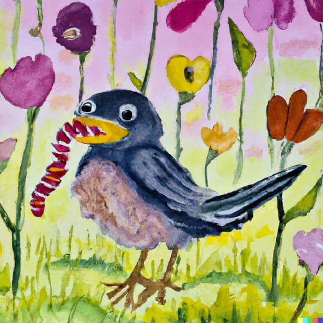 DALL-E 2: a small bird eating a sour gummy worm in a field of flowers, watercolor (4 of 4)