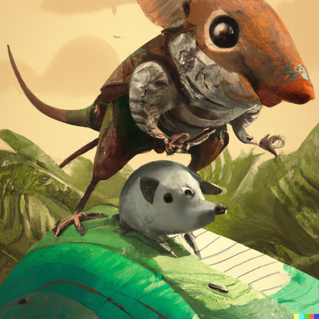 DALL-E 2: a armadillo and a toucan surfing, digital art (1 of 4)