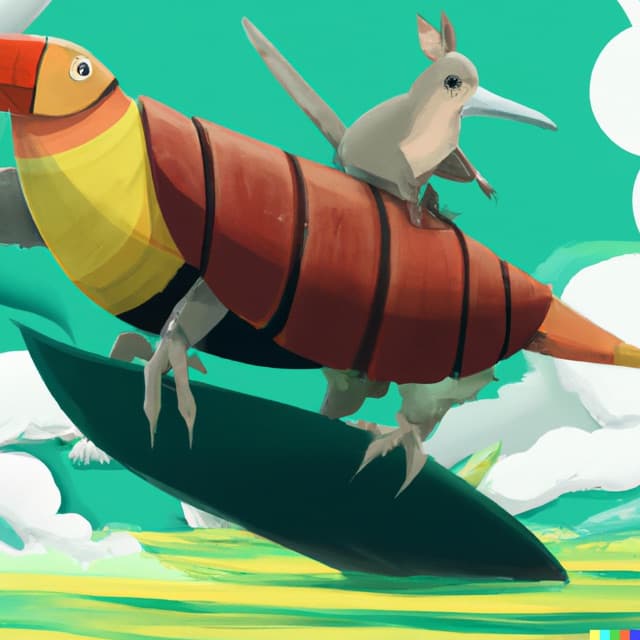 DALL-E 2: a armadillo and a toucan surfing, digital art (2 of 4)