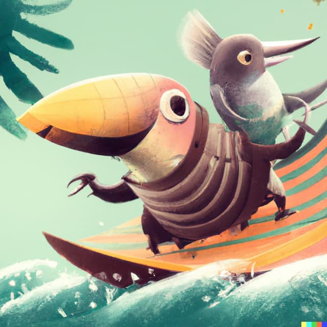 DALL-E 2: a armadillo and a toucan surfing, digital art (3 of 4)