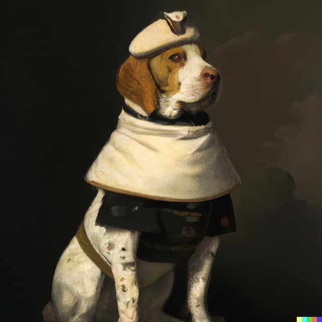 DALL-E 2: A painting of a a proud dog dressed as an army general on a dark background by Johannes Vermeer (1 of 4)