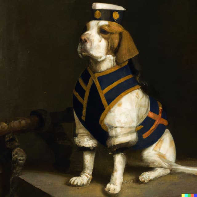 DALL-E 2: A painting of a a proud dog dressed as an army general on a dark background by Johannes Vermeer (2 of 4)