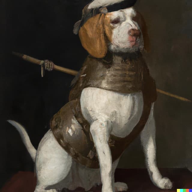 DALL-E 2: A painting of a a proud dog dressed as an army general on a dark background by Johannes Vermeer (3 of 4)
