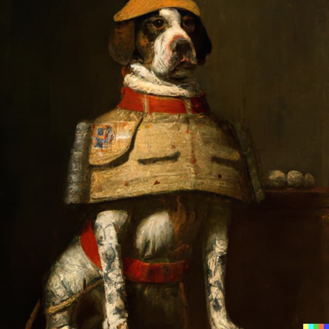 DALL-E 2: A painting of a a proud dog dressed as an army general on a dark background by Johannes Vermeer (4 of 4)