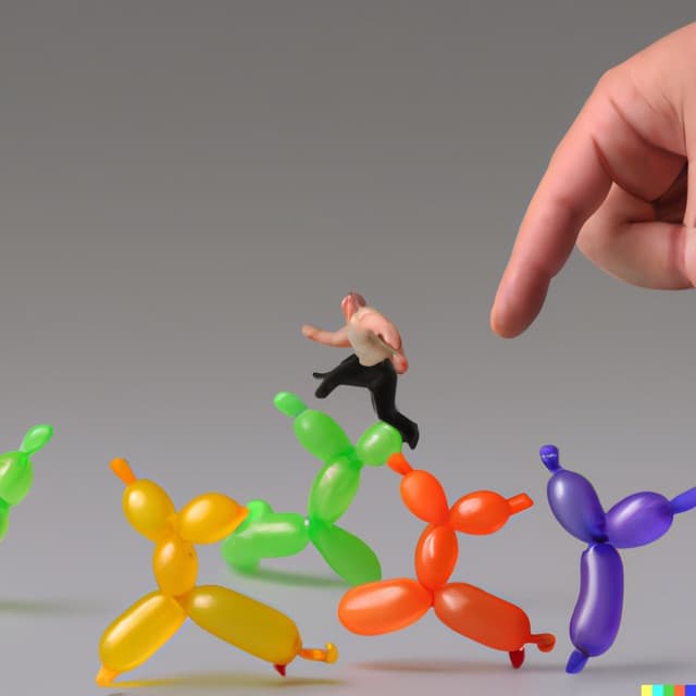 DALL-E 2: tiny balloon animals running away from a fat man with a thumb tack (1 of 4)