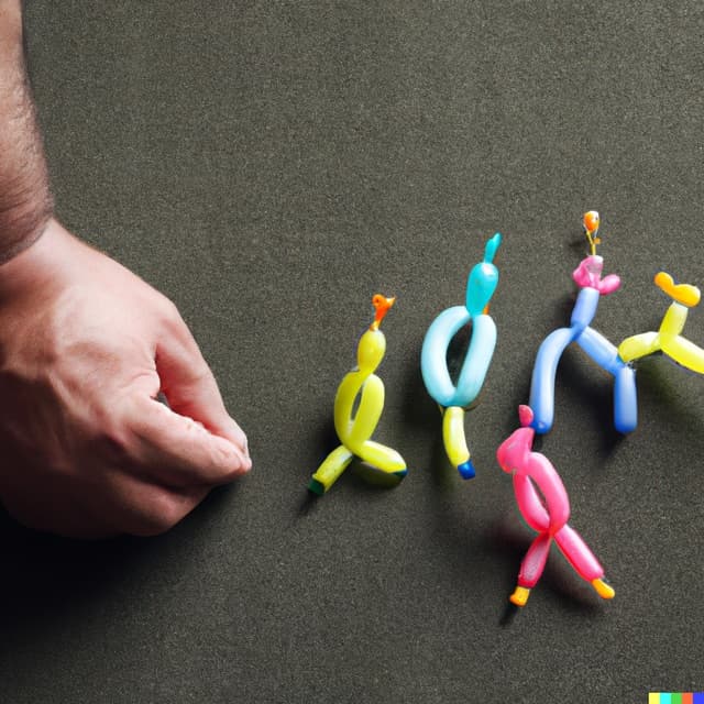 DALL-E 2: tiny balloon animals running away from a fat man with a thumb tack (2 of 4)