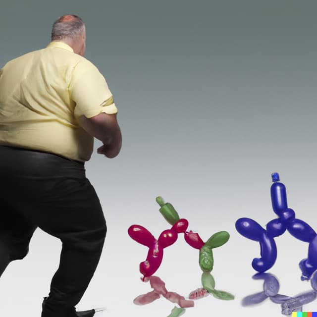 DALL-E 2: tiny balloon animals running away from a fat man with a thumb tack (3 of 4)