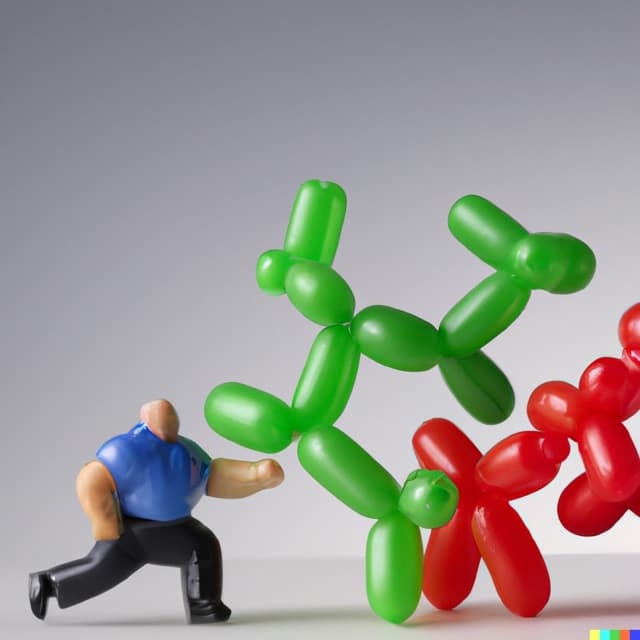 DALL-E 2: tiny balloon animals running away from a fat man with a thumb tack (4 of 4)