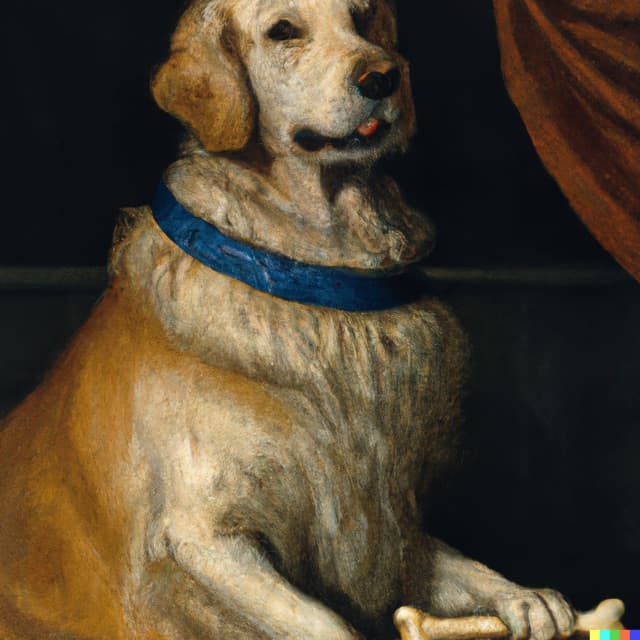 DALL-E 2: a painting of a golden retriever as the queen of england with a bone in her mouth, by johannes vermeer (1 of 4)