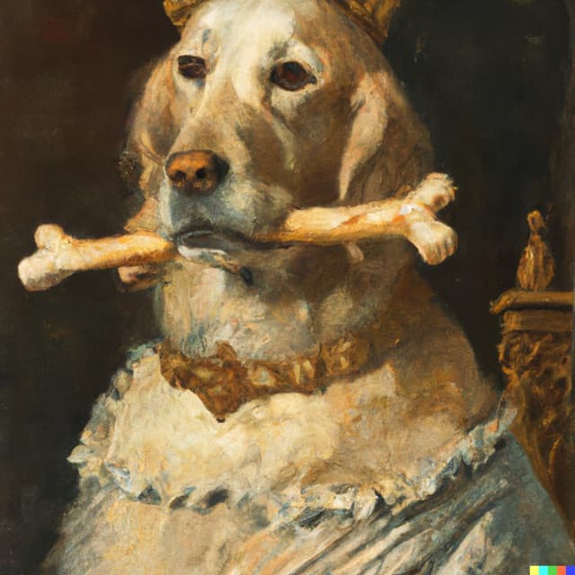 DALL-E 2: a painting of a golden retriever as the queen of england with a bone in her mouth, by johannes vermeer (2 of 4)