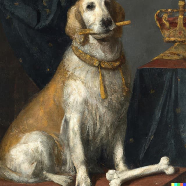 DALL-E 2: a painting of a golden retriever as the queen of england with a bone in her mouth, by johannes vermeer (3 of 4)