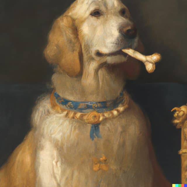 DALL-E 2: a painting of a golden retriever as the queen of england with a bone in her mouth, by johannes vermeer (4 of 4)